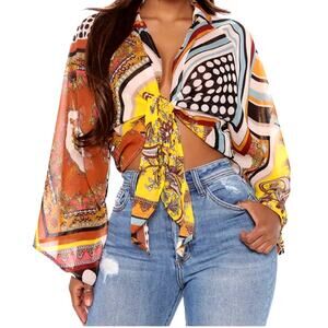 Fashion Nova NWT Ready For A Vacay Front Tie Blouse Lightweight chiffon Sz L